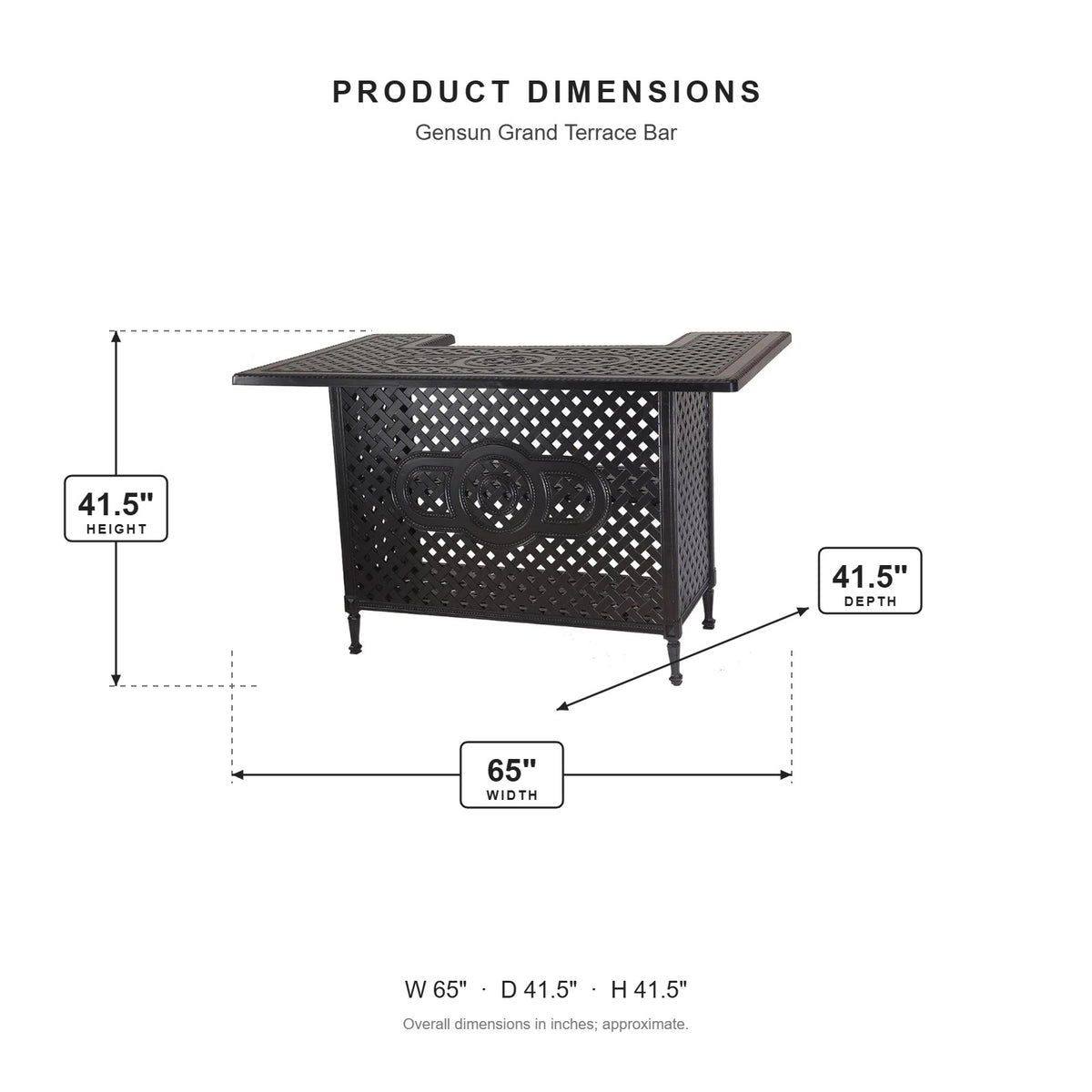 Gensun Grand Terrace Bar dimensions: 65 in W x 41.5 in D x 41.5 in H