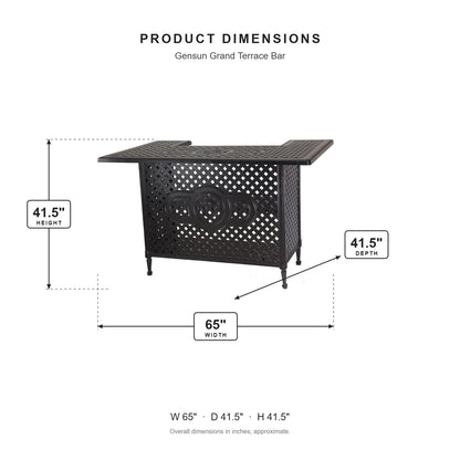Gensun Grand Terrace Bar dimensions: 65 in W x 41.5 in D x 41.5 in H
