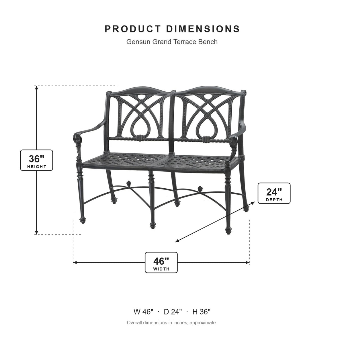 Gensun Grand Terrace Bench dimensions: 46 in W x 24 in D x 36 in H