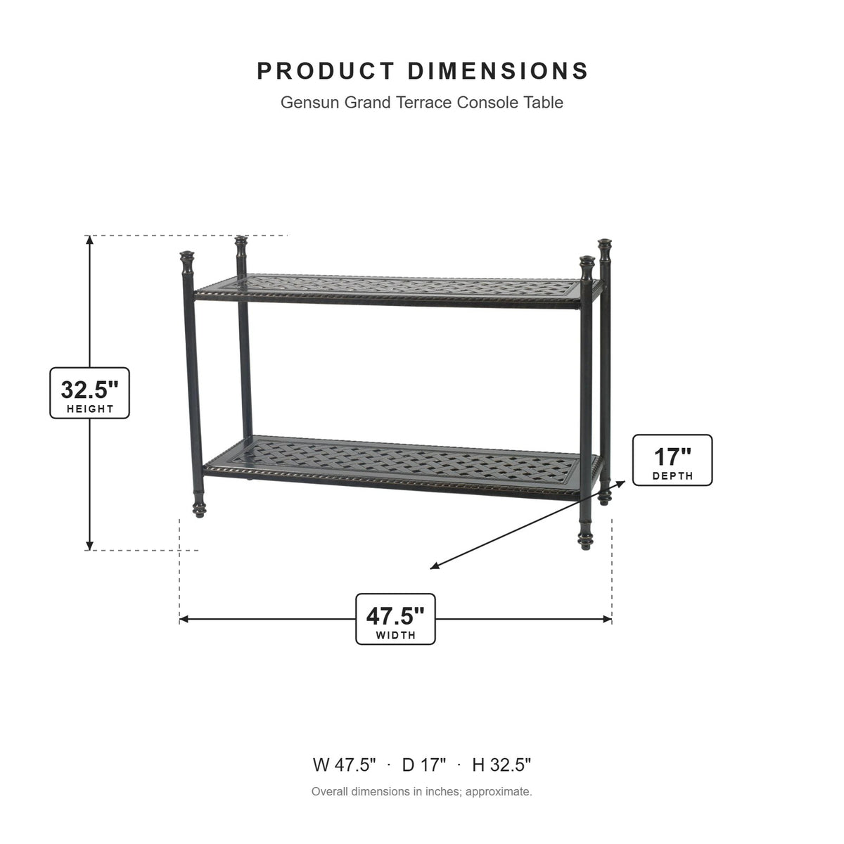 Gensun Grand Terrace Console Table dimensions: 47.5 in W x 17 in D x 32.5 in H