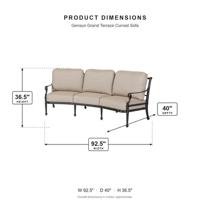 Gensun Grand Terrace Curved Sofa dimensions: 92.5 in W x 40 in D x 36.5 in H