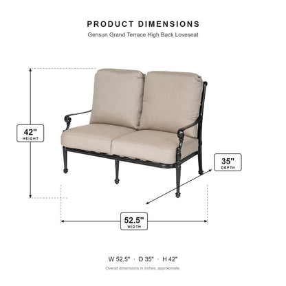 Gensun Grand Terrace High Back Loveseat dimensions: 52.5 in W x 35 in D x 42 in H