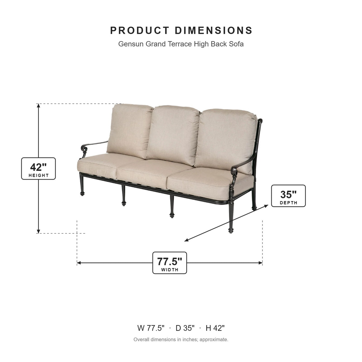 Gensun Grand Terrace High Back Sofa dimensions: 77.5 in W x 35 in D x 42 in H