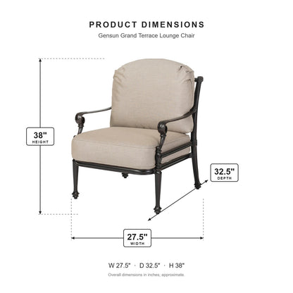 Gensun Grand Terrace Lounge Chair dimensions: 27.5 in W x 32.5 in D x 38 in H