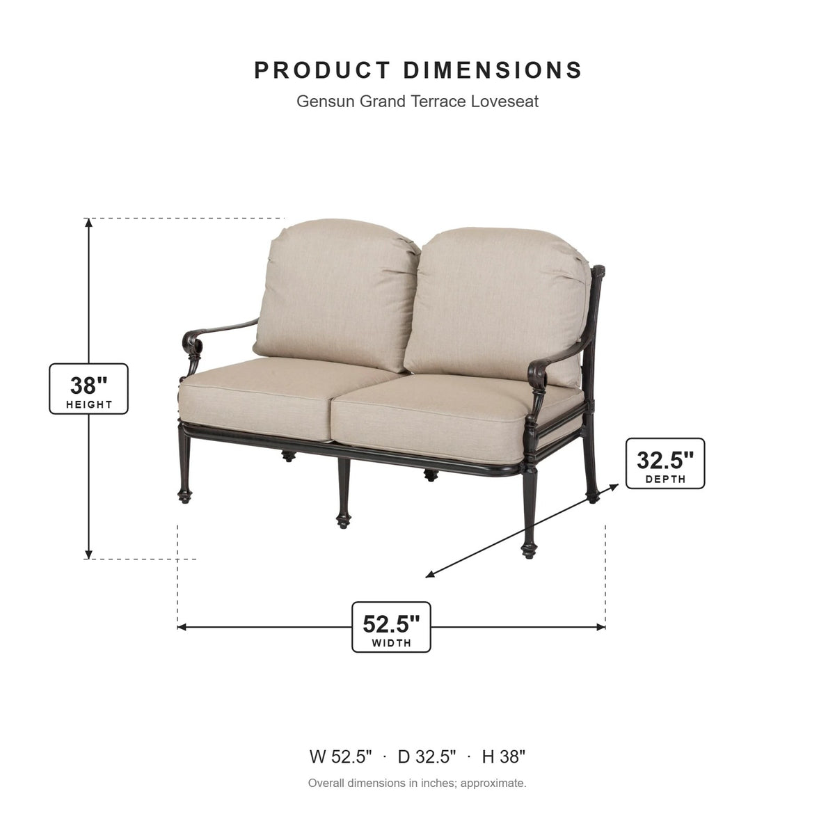 Gensun Grand Terrace Loveseat dimensions: 52.5 in W x 32.5 in D x 38 in H