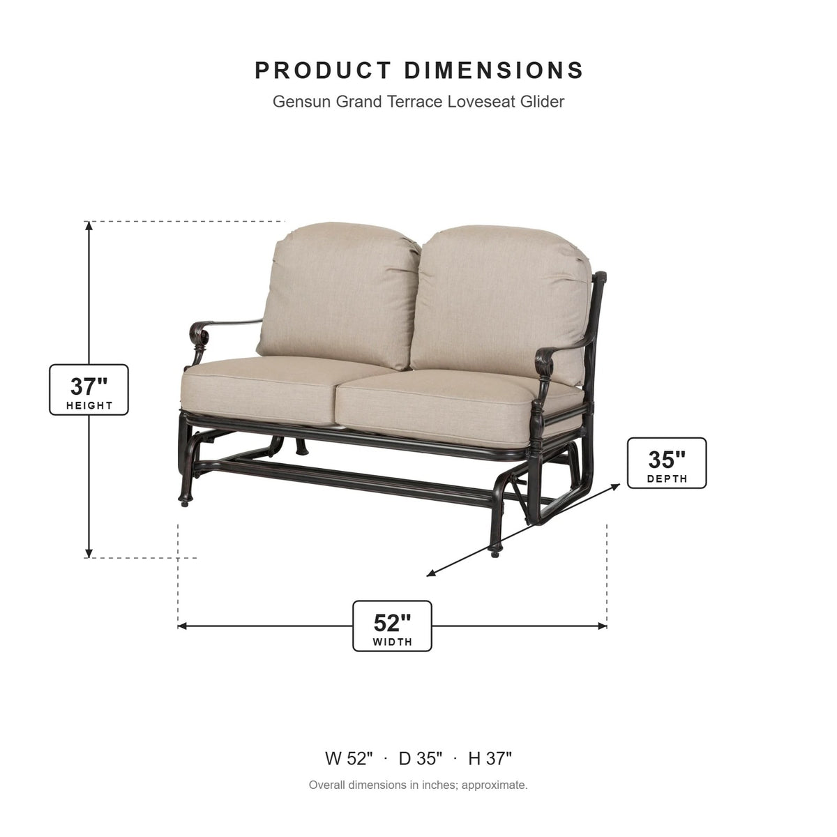 Gensun Grand Terrace Loveseat Glider dimensions: 52 in W x 35 in D x 37 in H