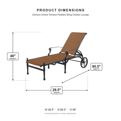Gensun Grand Terrace Padded Sling Chaise Lounge dimensions: 29.5 in W x 80.5 in D x 48 in H