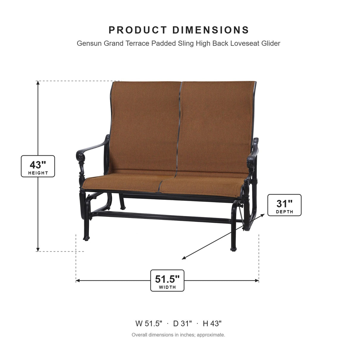 Gensun Grand Terrace Padded Sling High Back Loveseat Glider dimensions: 51.5 in W x 31 in D x 43 in H
