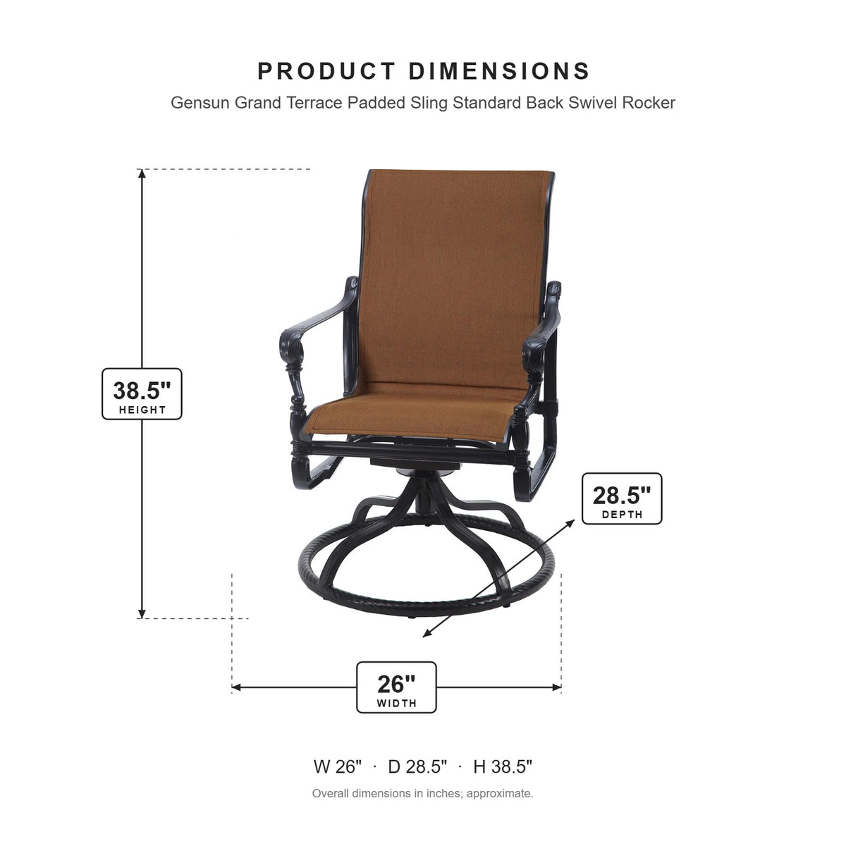 Gensun Grand Terrace Padded Sling Standard Back Swivel Rocker dimensions: 26 in W x 28.5 in D x 38.5 in H
