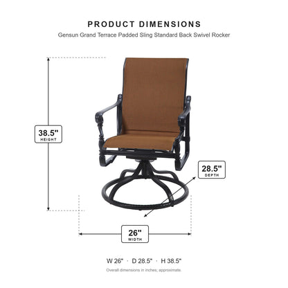Gensun Grand Terrace Padded Sling Standard Back Swivel Rocker dimensions: 26 in W x 28.5 in D x 38.5 in H