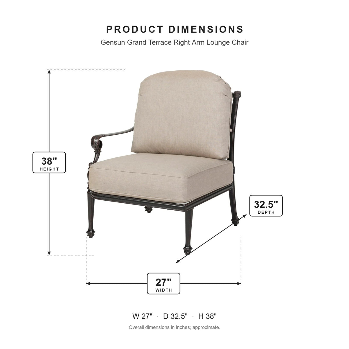 Gensun Grand Terrace Right Arm Lounge Chair dimensions: 27 in W x 32.5 in D x 38 in H