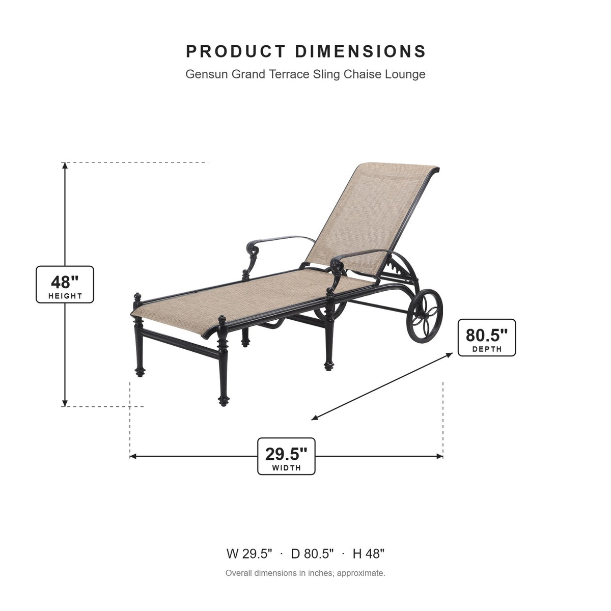 Gensun Grand Terrace Sling Chaise Lounge dimensions: 29.5 in W x 80.5 in D x 48 in H