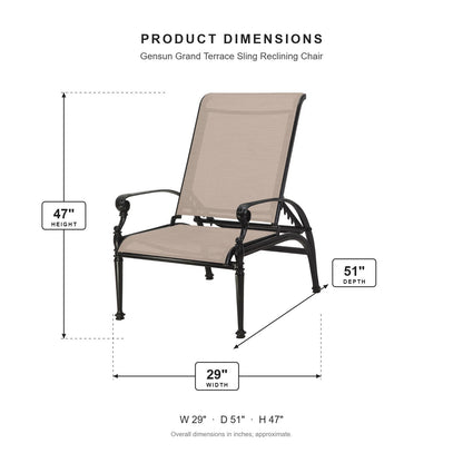 Gensun Grand Terrace Sling Reclining Chair dimensions: 29 in W x 51 in D x 47 in H