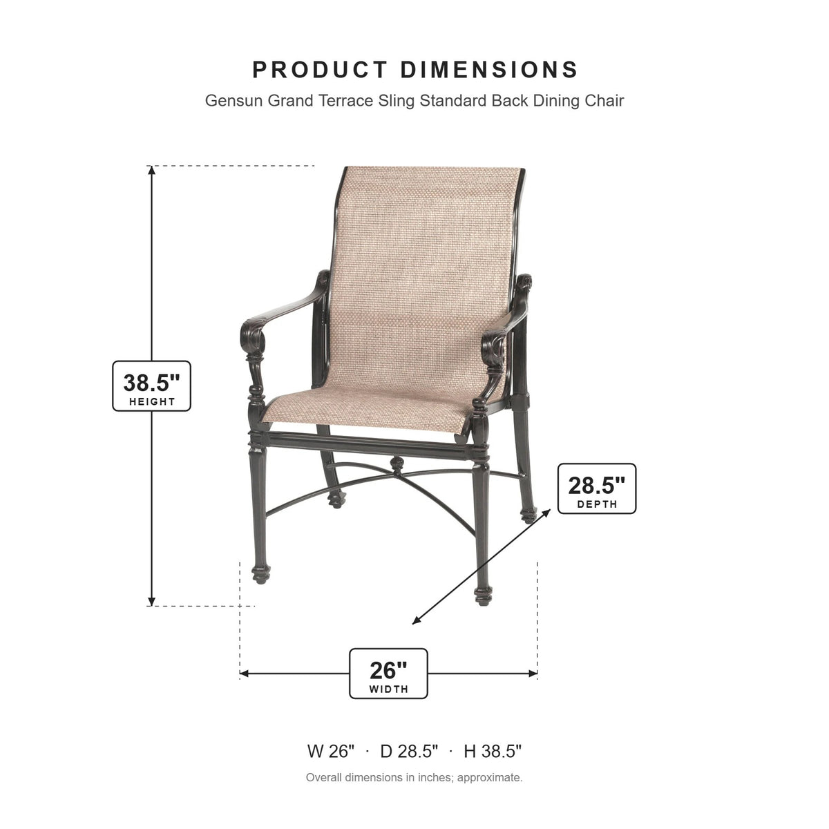 Gensun Grand Terrace Sling Standard Back Dining Chair dimensions: 26 in W x 28.5 in D x 38.5 in H