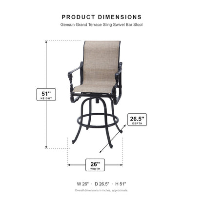 Gensun Grand Terrace Sling Swivel Bar Stool dimensions: 26 in W x 26.5 in D x 51 in H