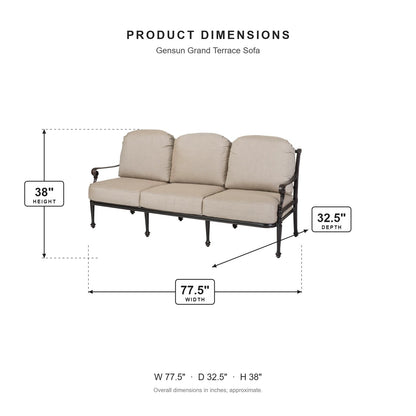 Gensun Grand Terrace Sofa dimensions: 77.5 in W x 32.5 in D x 38 in H
