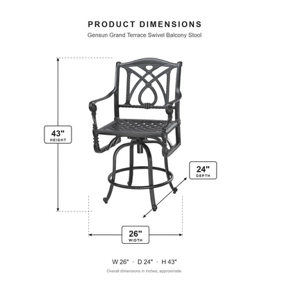 Gensun Grand Terrace Swivel Balcony Stool dimensions: 26 in W x 24 in D x 43 in H