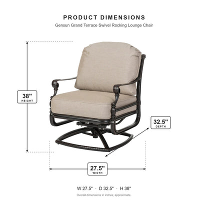 Gensun Grand Terrace Swivel Rocking Lounge Chair dimensions: 27.5 in W x 32.5 in D x 38 in H