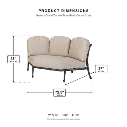 Gensun Grand Terrace Three-Back Corner Chair dimensions: 72.5 in W x 37 in D x 38 in H