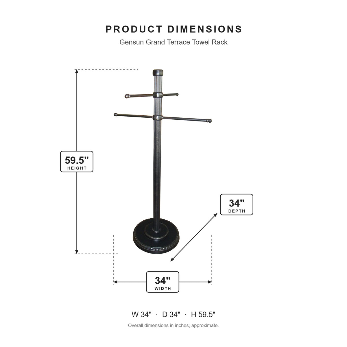 Gensun Grand Terrace Towel Rack dimensions: 34 in W x 34 in D x 59.5 in H
