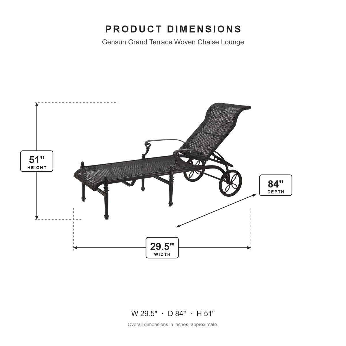 Gensun Grand Terrace Woven Chaise Lounge dimensions: 29.5 in W x 84 in D x 51 in H