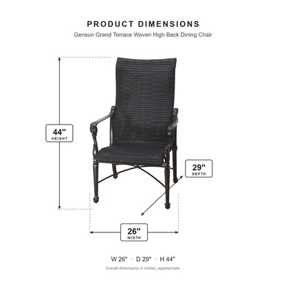 Gensun Grand Terrace Woven High Back Dining Chair dimensions: 26 in W x 29 in D x 44 in H
