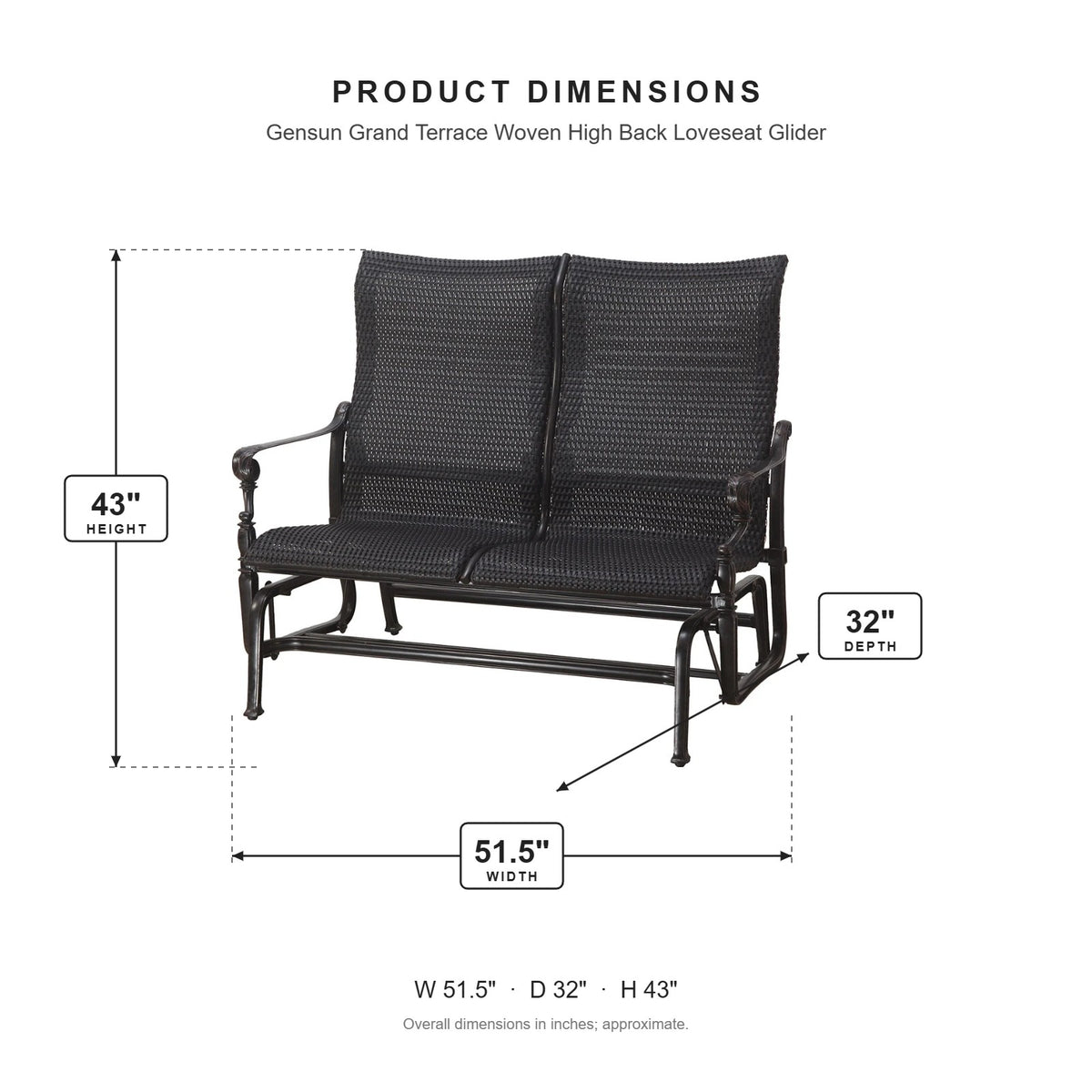 Gensun Grand Terrace Woven High Back Loveseat Glider dimensions: 51.5 in W x 32 in D x 43 in H