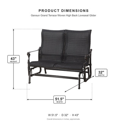 Gensun Grand Terrace Woven High Back Loveseat Glider dimensions: 51.5 in W x 32 in D x 43 in H