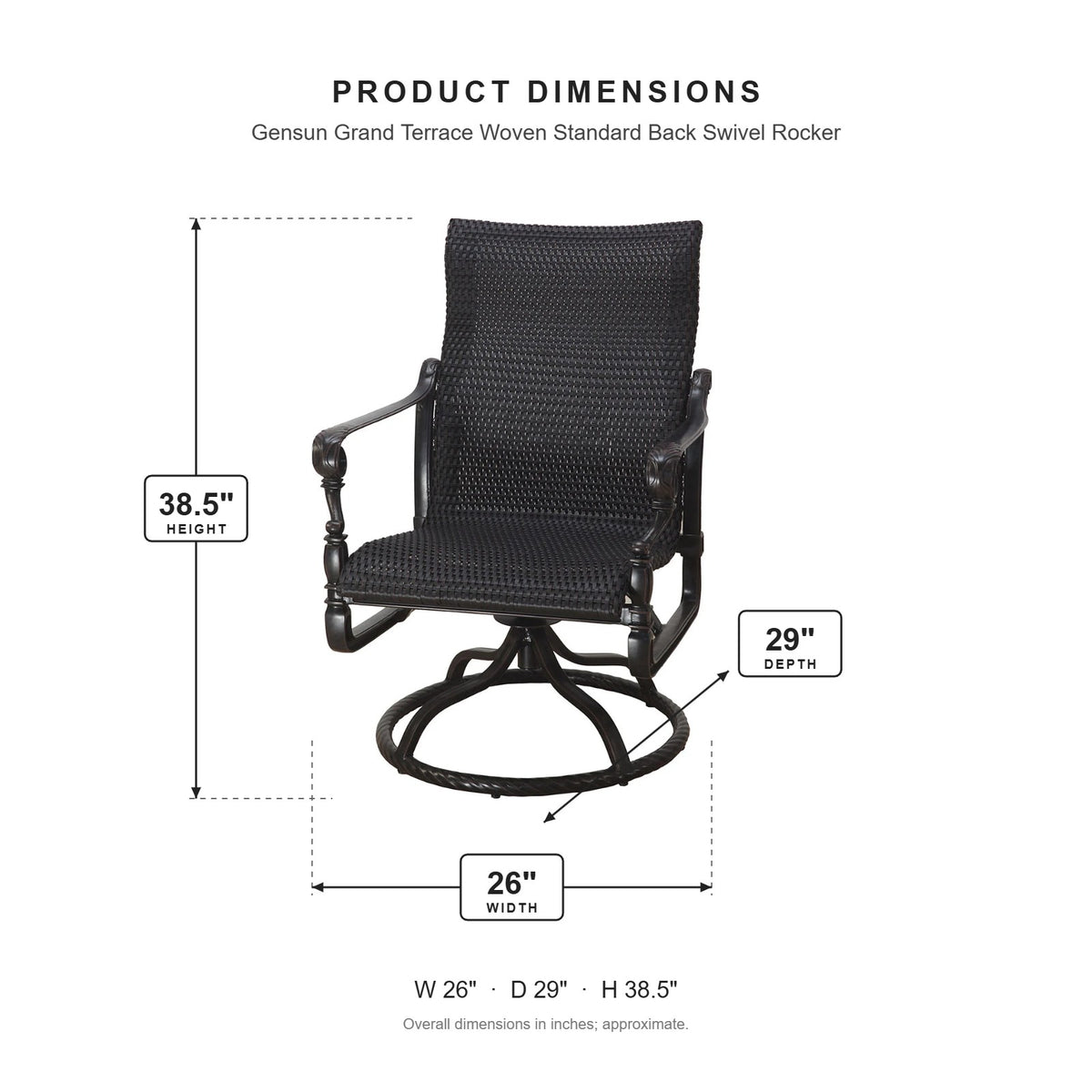 Gensun Grand Terrace Woven Standard Back Swivel Rocker dimensions: 26 in W x 29 in D x 38.5 in H