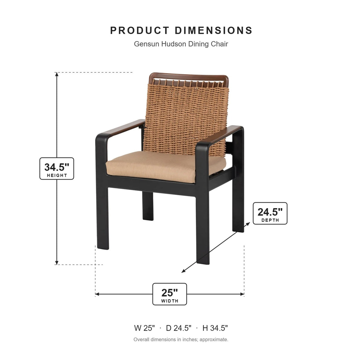 Gensun Hudson Dining Chair dimensions: 25 in W x 24.5 in D x 34.5 in H