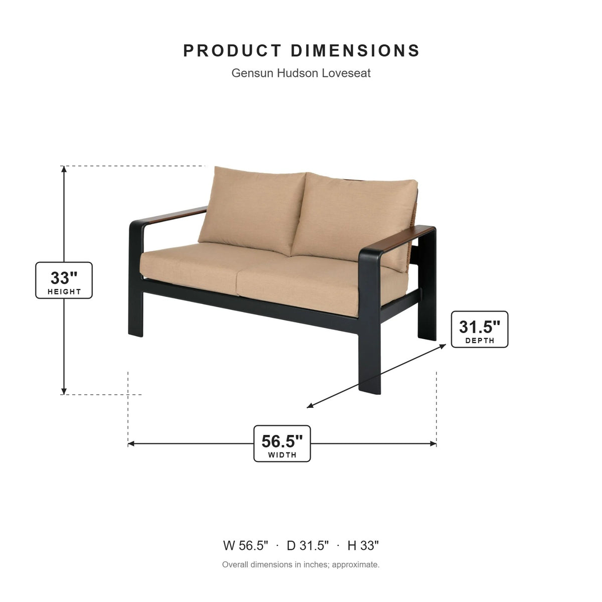 Gensun Hudson Loveseat dimensions: 56.5 in W x 31.5 in D x 33 in H
