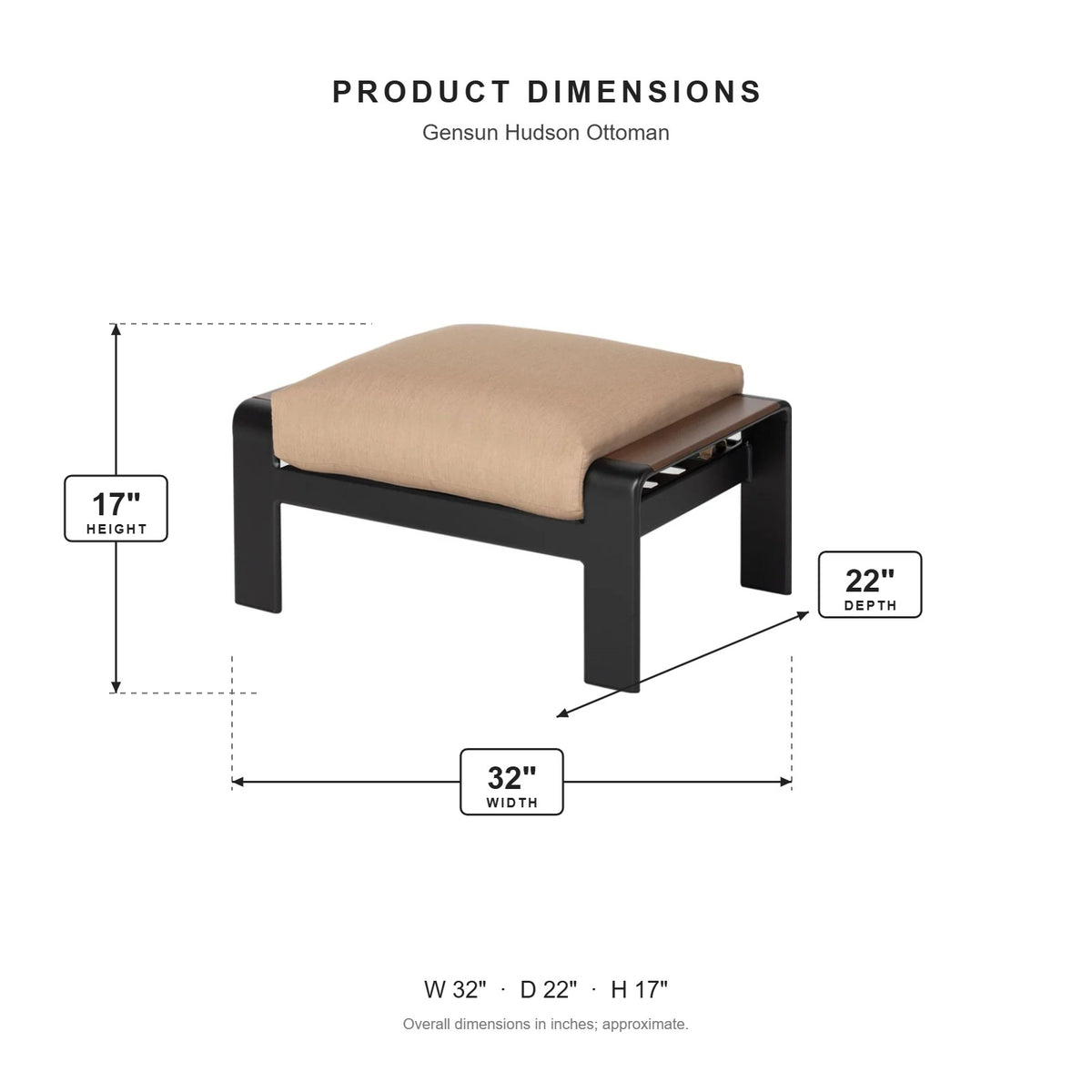 Gensun Hudson Ottoman dimensions: 32 in W x 22 in D x 17 in H