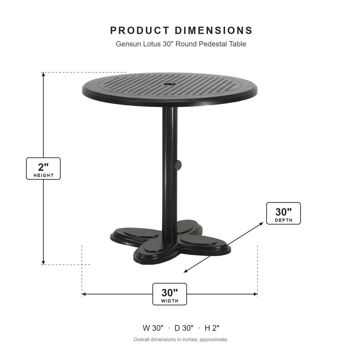 Gensun Lotus 30" Round Pedestal Table dimensions: 30 in W x 30 in D x 2 in H