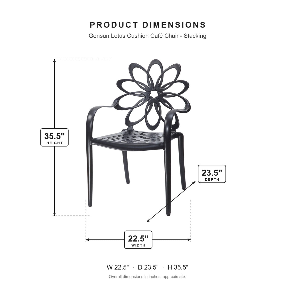 Gensun Lotus Cushion Café Chair - Stacking dimensions: 22.5 in W x 23.5 in D x 35.5 in H