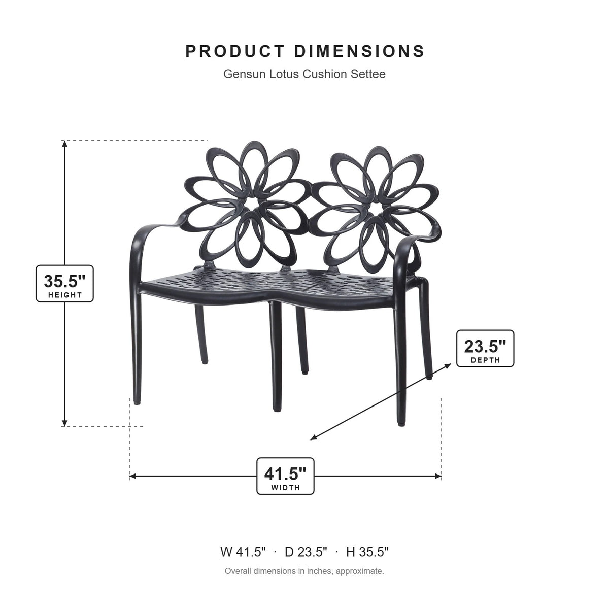 Gensun Lotus Cushion Settee dimensions: 41.5 in W x 23.5 in D x 35.5 in H
