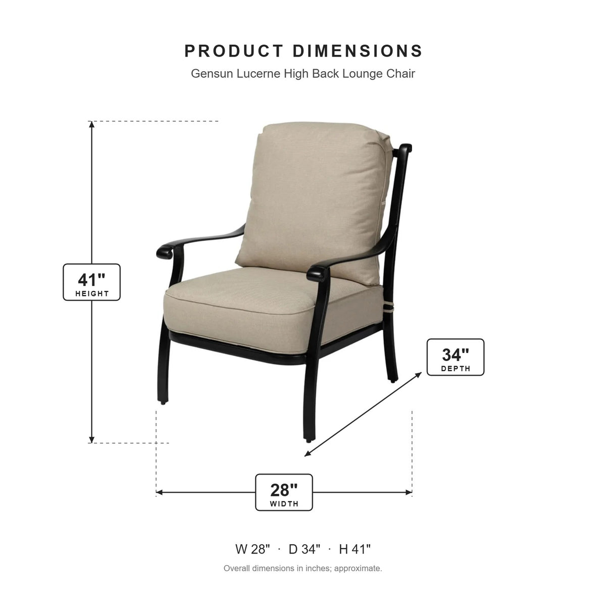 Gensun Lucerne High Back Lounge Chair dimensions: 28 in W x 34 in D x 41 in H