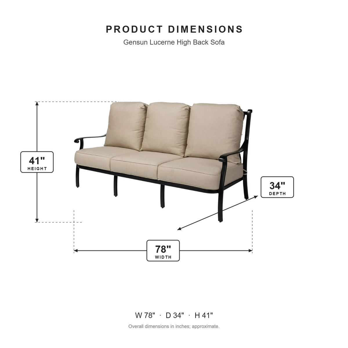 Gensun Lucerne High Back Sofa dimensions: 78 in W x 34 in D x 41 in H
