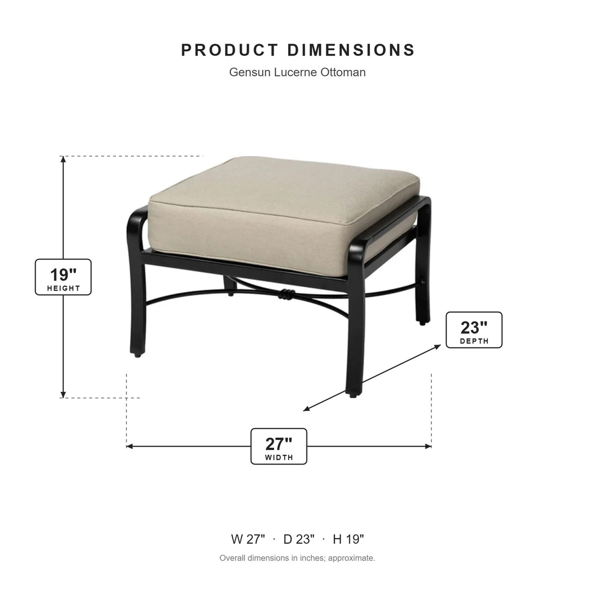 Gensun Lucerne Ottoman dimensions: 27 in W x 23 in D x 19 in H