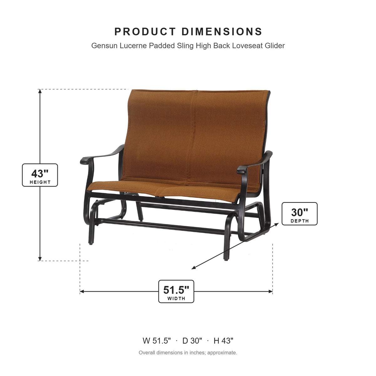 Gensun Lucerne Padded Sling High Back Loveseat Glider dimensions: 51.5 in W x 30 in D x 43 in H