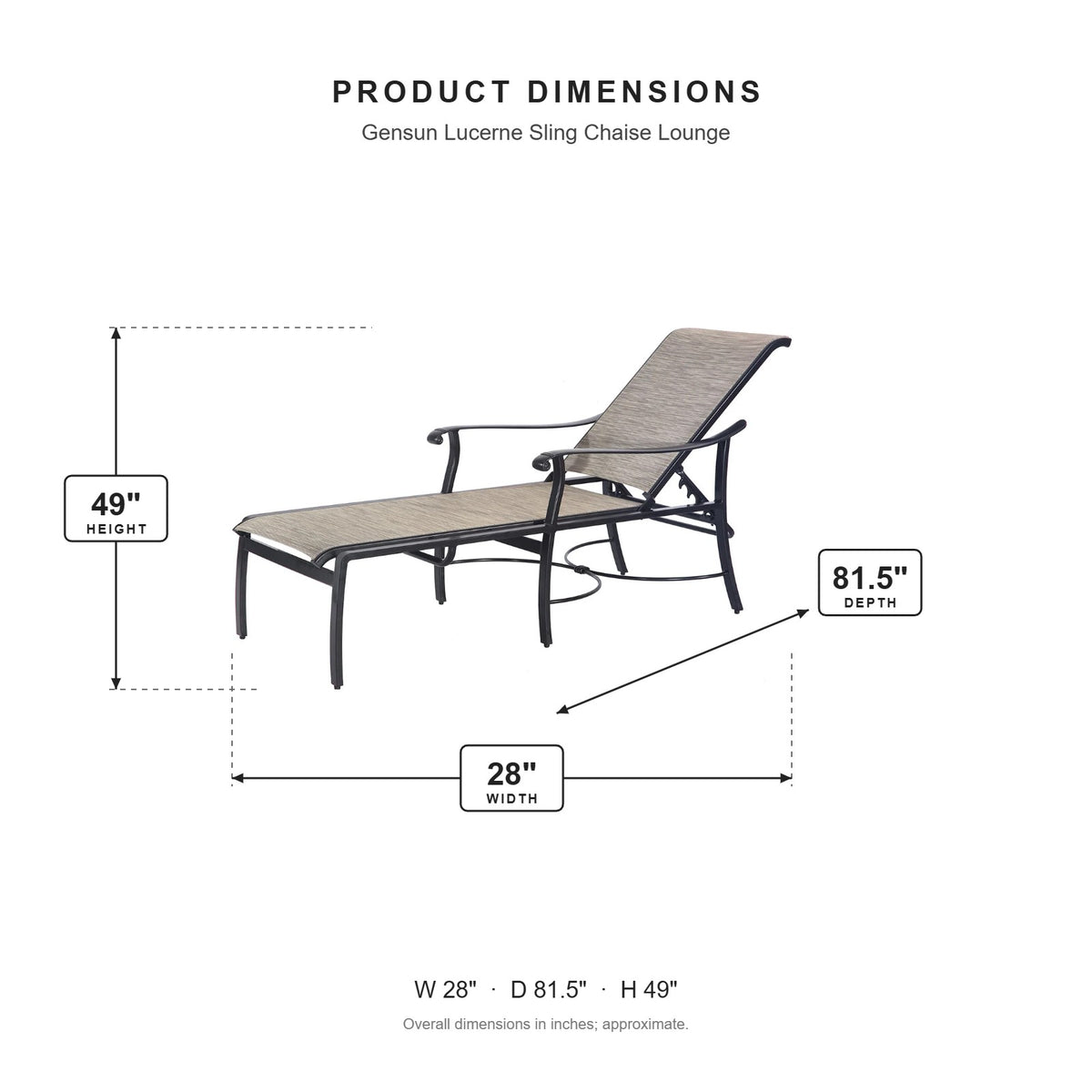 Gensun Lucerne Sling Chaise Lounge dimensions: 28 in W x 81.5 in D x 49 in H