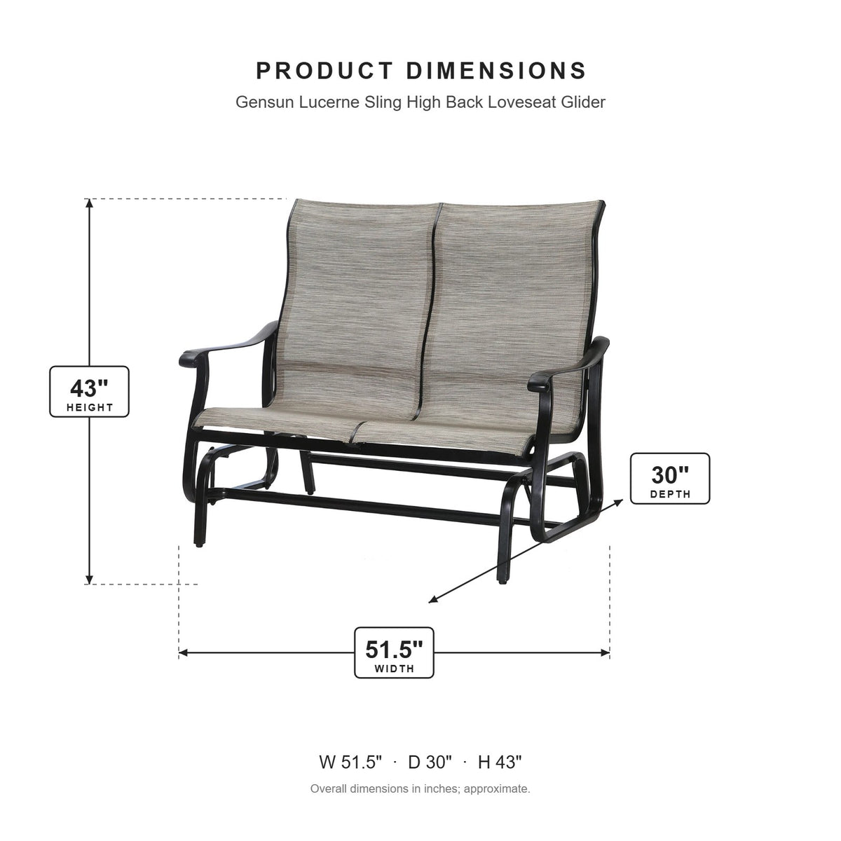Gensun Lucerne Sling High Back Loveseat Glider dimensions: 51.5 in W x 30 in D x 43 in H