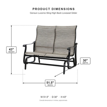 Gensun Lucerne Sling High Back Loveseat Glider dimensions: 51.5 in W x 30 in D x 43 in H