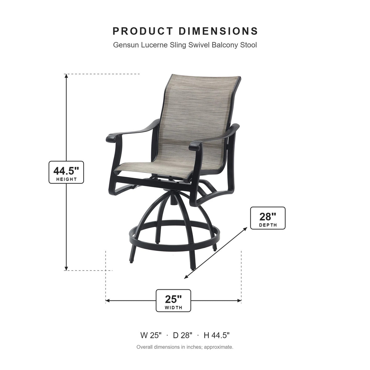 Gensun Lucerne Sling Swivel Balcony Stool dimensions: 25 in W x 28 in D x 44.5 in H