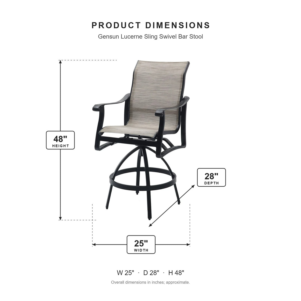 Gensun Lucerne Sling Swivel Bar Stool dimensions: 25 in W x 28 in D x 48 in H