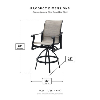Gensun Lucerne Sling Swivel Bar Stool dimensions: 25 in W x 28 in D x 48 in H