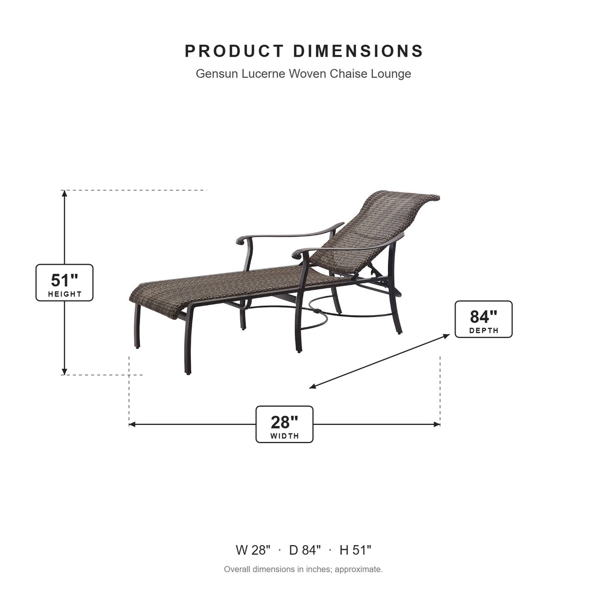 Gensun Lucerne Woven Chaise Lounge dimensions: 28 in W x 84 in D x 51 in H