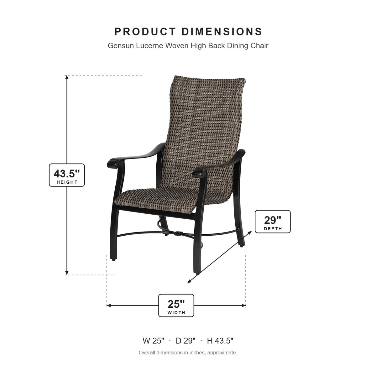 Gensun Lucerne Woven High Back Dining Chair dimensions: 25 in W x 29 in D x 43.5 in H