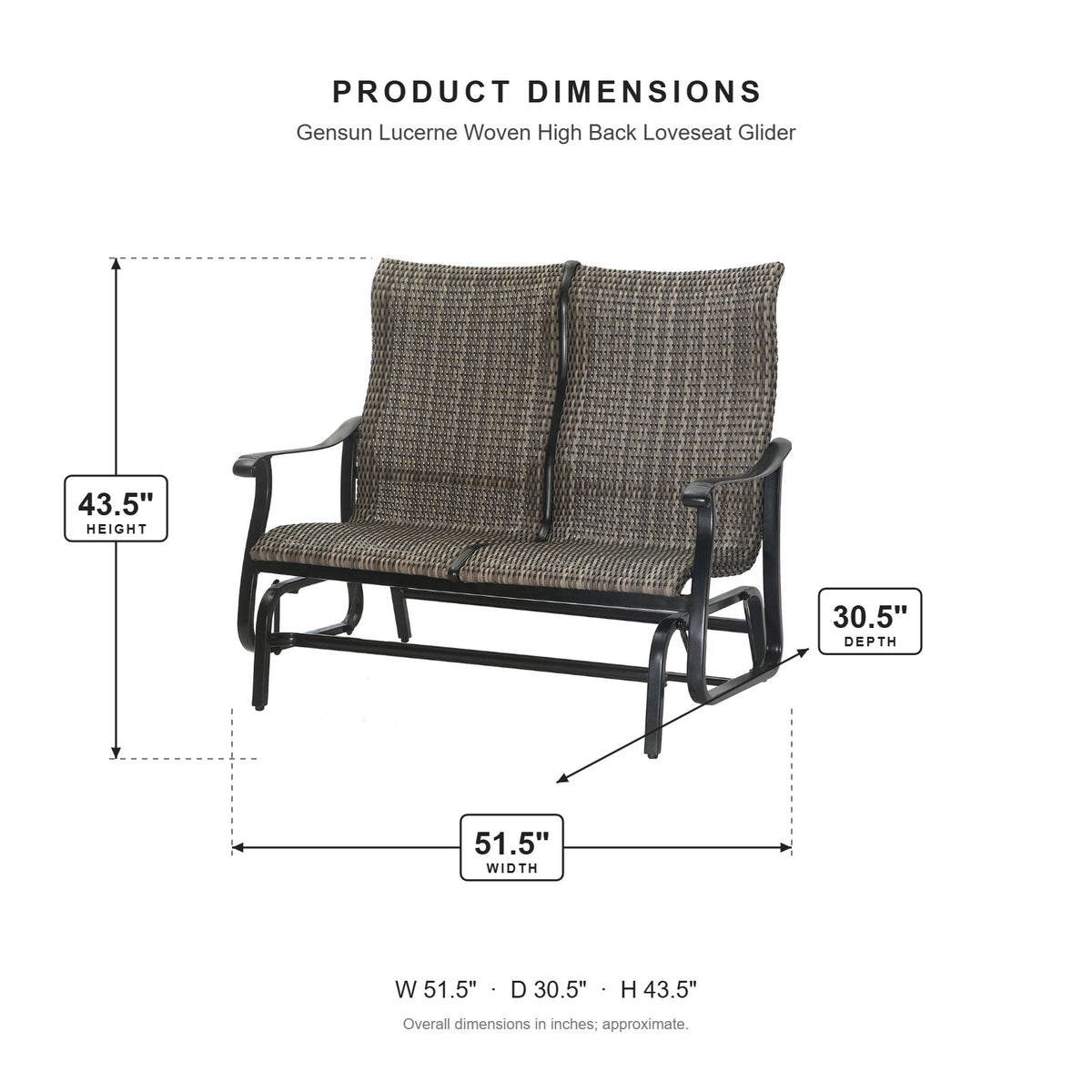 Gensun Lucerne Woven High Back Loveseat Glider dimensions: 51.5 in W x 30.5 in D x 43.5 in H