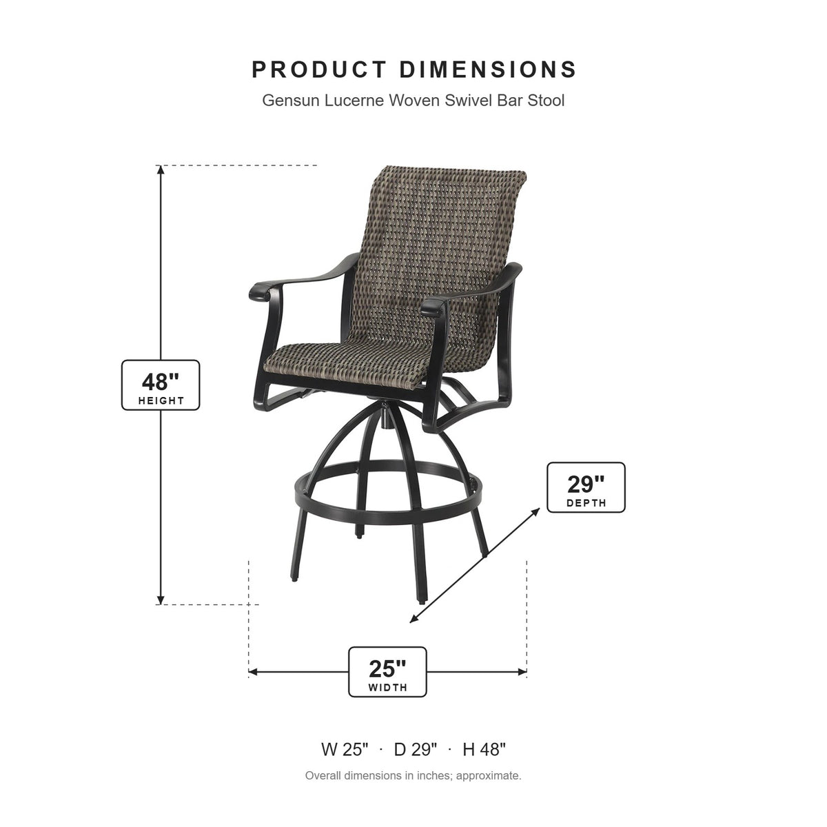 Gensun Lucerne Woven Swivel Bar Stool dimensions: 25 in W x 29 in D x 48 in H