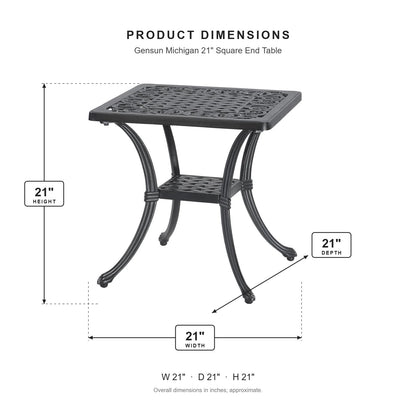 Gensun Michigan 21" Square End Table dimensions: 21 in W x 21 in D x 21 in H